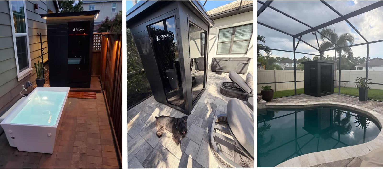 Sun Home Luminar outdoor sauna installed next to pool and in backyard settings